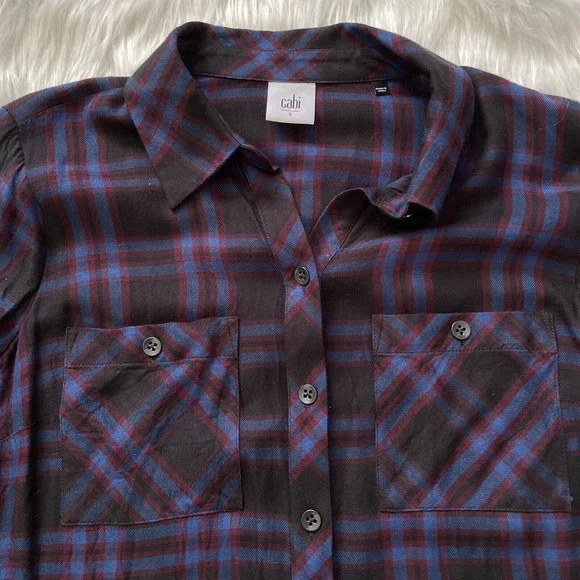 CAbi Flannel Peplum Top Plaid Check Button Down Shirt Ruffle Hem Medium - Picture 3 of 11